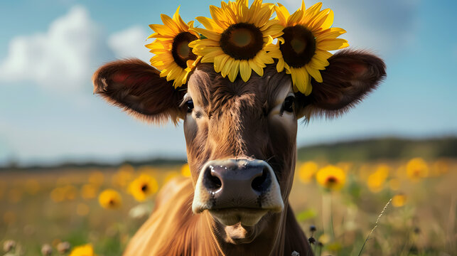 A delightful image of a smiling cow with sunflowers crowning its head stands in a sunny flower field