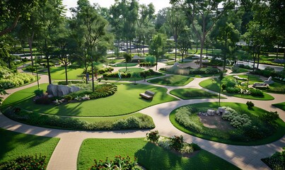 Design a sustainable urban park using CAD software. Incorporate green spaces, walkable paths, and eco-friendly facilities to foster community health and preserve the environment