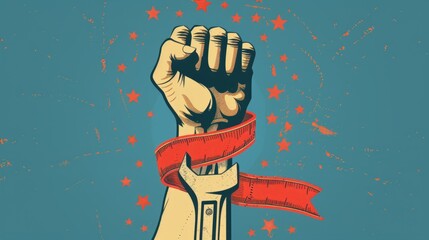 This festive illustration celebrates Labor Day. A clenched hand holds up a wrench, symbolizing the workforce. Wrapped around the arm are red ribbons. Happy labor day and international workers day.