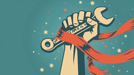 This festive illustration celebrates Labor Day. A clenched hand holds up a wrench, symbolizing the workforce. Wrapped around the arm are red ribbons. Happy labor day and international workers day. - obrazy, fototapety, plakaty