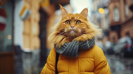 A chubby fluffy orange cat with vivid human like expressions wearing fashion vibe walking on street