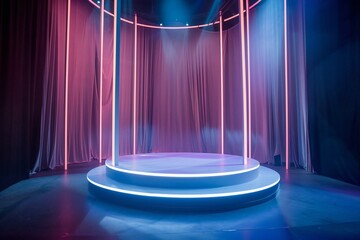 Stage with red curtains and blue spotlights, closeup of photo