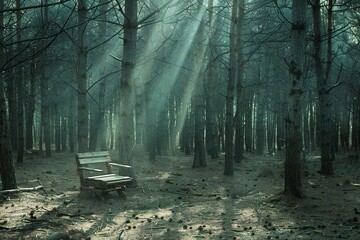 A bench in a foggy forest in the early morning light - obrazy, fototapety, plakaty
