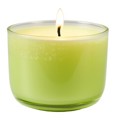 A generic, fictional citronella candle, lit with flame, isolated. 