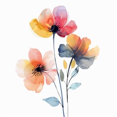 Abstract flowers minimal floral watercolor isolated on white background