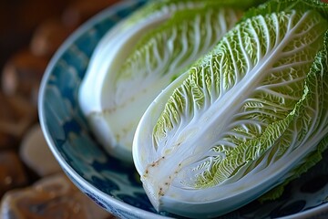 Fresh chinese cabbage on a plate, close-up, macro - obrazy, fototapety, plakaty