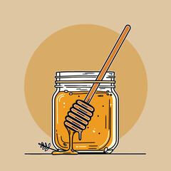 Honey in glass jar. Vector cartoon flat icon illustration