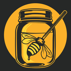 Honey in glass jar. Vector cartoon flat icon illustration