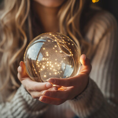 Close-up of a woman holding a small universe in a globe on her birthday, twinkling stars inside, reflecting wonder and dreams, symbolizing the connection between personal milestones and cosmic scale