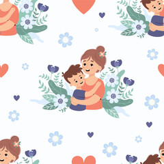 Seamless pattern with happy woman mom with son on background with flowers. Vector illustration. Mothers holiday confession