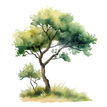 Green tree in watercolor style isolated on transparent background.