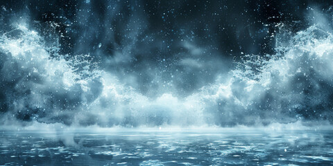 A blue sky with clouds and water. The sky is filled with snowflakes and the water is calm