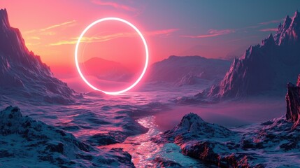 The great pink floating circle beyond the river that surrounded with a lot amount of the tall mountains at the dawn or dusk time of the day that shine light to the every part of the picture. AIGX03. - obrazy, fototapety, plakaty