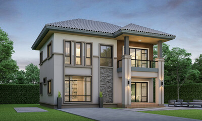 Modern house exterior evening view with lawn grass.3d rendering