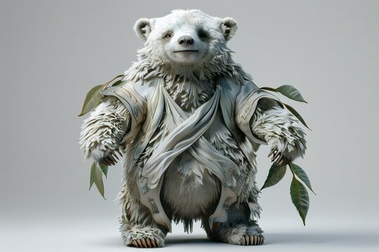 Polar bear with green leaves,  render on gray background