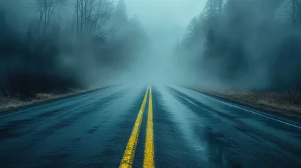  Calm landscape of an asphalt road in white fog. Tranquil and mystical background with copy space. Generative AI © kovalovds