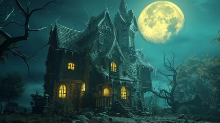 Scary house, Troll house, Yellow moon. moonlight chaos, mystery. 3d render