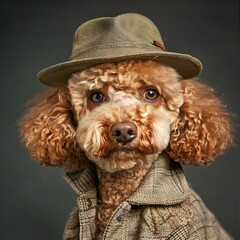 Studio portrait of a poodle dog wearing a hat and coat