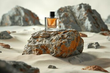 Perfume bottle on a stone in the desert,   render - obrazy, fototapety, plakaty