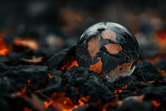 Crystal ball with autumn leaves on the background of burning coals