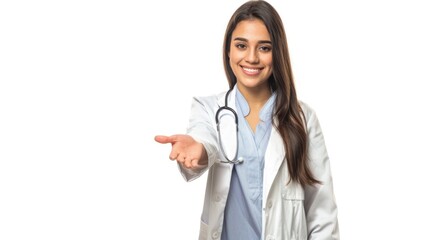 female doctor with stethoscope, young female doctor with she's right hand extended extended forward inviting the viewer to shake hands. she's smiling, on white background 