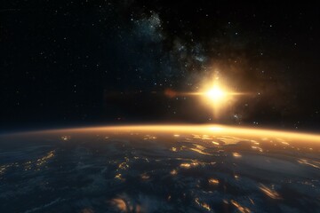 Sunrise over planet Earth with stars in space,   rendering