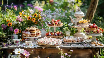 Meticulously Arranged Garden Tea Party with Homemade Cakes and Floral on Rustic Wooden Table
