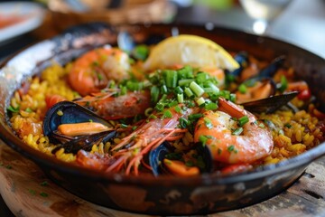 A mouthwatering serving of paella, with saffron-infused rice and a variety of seafood.