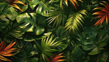 Tropical Leaf Pattern, Lush and vibrant tropical leaf patterns inspired by exotic flora, ideal for adding a touch of paradise to summer-themed designs or packaging