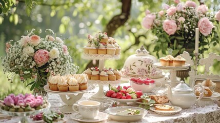Obraz na płótnie Canvas Enchanting Garden Tea Party with Homemade Cakes and Floral