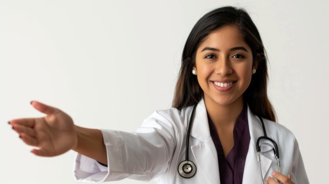 young female doctor with she's right hand extended extended forward inviting the viewer to shake hands. she's smiling, on white background 