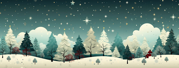 Wide horizontal Xmas wallpaper banner illustration, cute Christmas pine trees landscape with snow, stars at night in winter