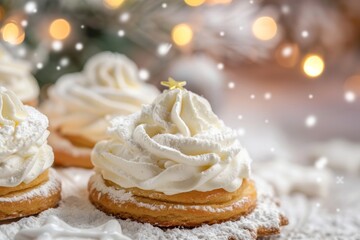 Obraz na płótnie Canvas Snowy Christmas setting with cookies topped by whipped cream, star-shaped decoration on top. Festive Snowy Christmas Cookies with Whipped Cream