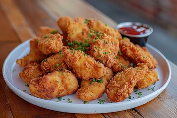 A mouthwatering serving of chicken nuggets, crispy on the outside and tender on the inside.