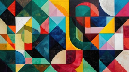 A mosaic of geometric shapes in various colors.