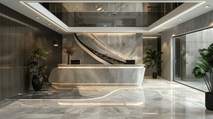 A modern office entrance with a grand staircase, marble floors, and a welcoming reception desk.