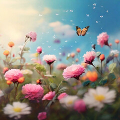 Obraz na płótnie Canvas 野原　野花　花がいっぱい咲いている　かわいい　カラフル　蝶が飛んでいる