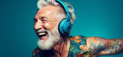 Joyful senior man listening to music in headphones