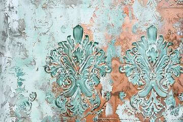 Old rusty metal background with floral ornament,  Grunge texture