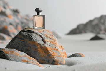 Perfume bottle on a rock in the desert - obrazy, fototapety, plakaty
