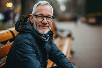 Portrait of a senior man with gray beard and glasses in the city.
