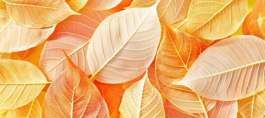 Detailed close up of intricate orange leaf skeleton texture for unique background design concept