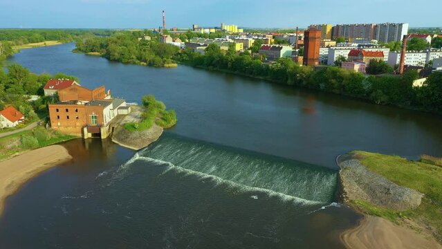 Waterfalls River Odra Brzeg Wodostpady Aerial View Poland