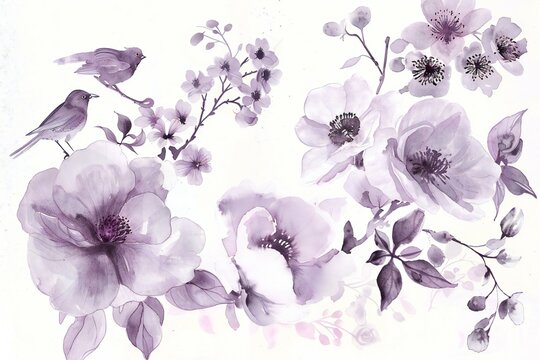 Watercolor flowers and birds on white background,  Hand painted illustration