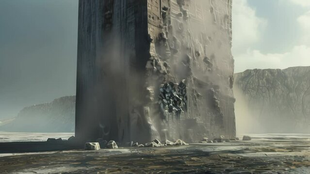 A colossal monolithic structure standing isolated in a desolate landscape. The weathered facade shows signs of erosion, and the ground is barren.