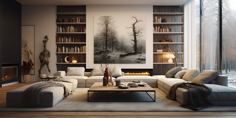 Interior of a modern cozy living room wooden furniture panoramic windows and a library with books
 - obrazy, fototapety, plakaty