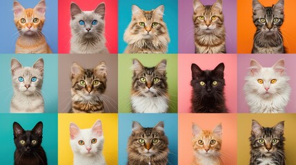 Collage of beautiful cats on multicolored background, collage