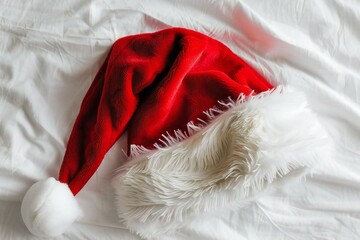 Santa Claus red hat on white bed,  Christmas and New Year concept