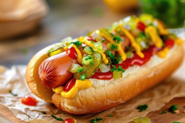 A juicy hot dog topped with mustard, ketchup, and relish, nestled in a soft bun.