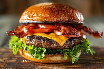 A juicy cheeseburger with bacon, lettuce, tomato, and melted cheese, served on a brioche bun. - obrazy, fototapety, plakaty